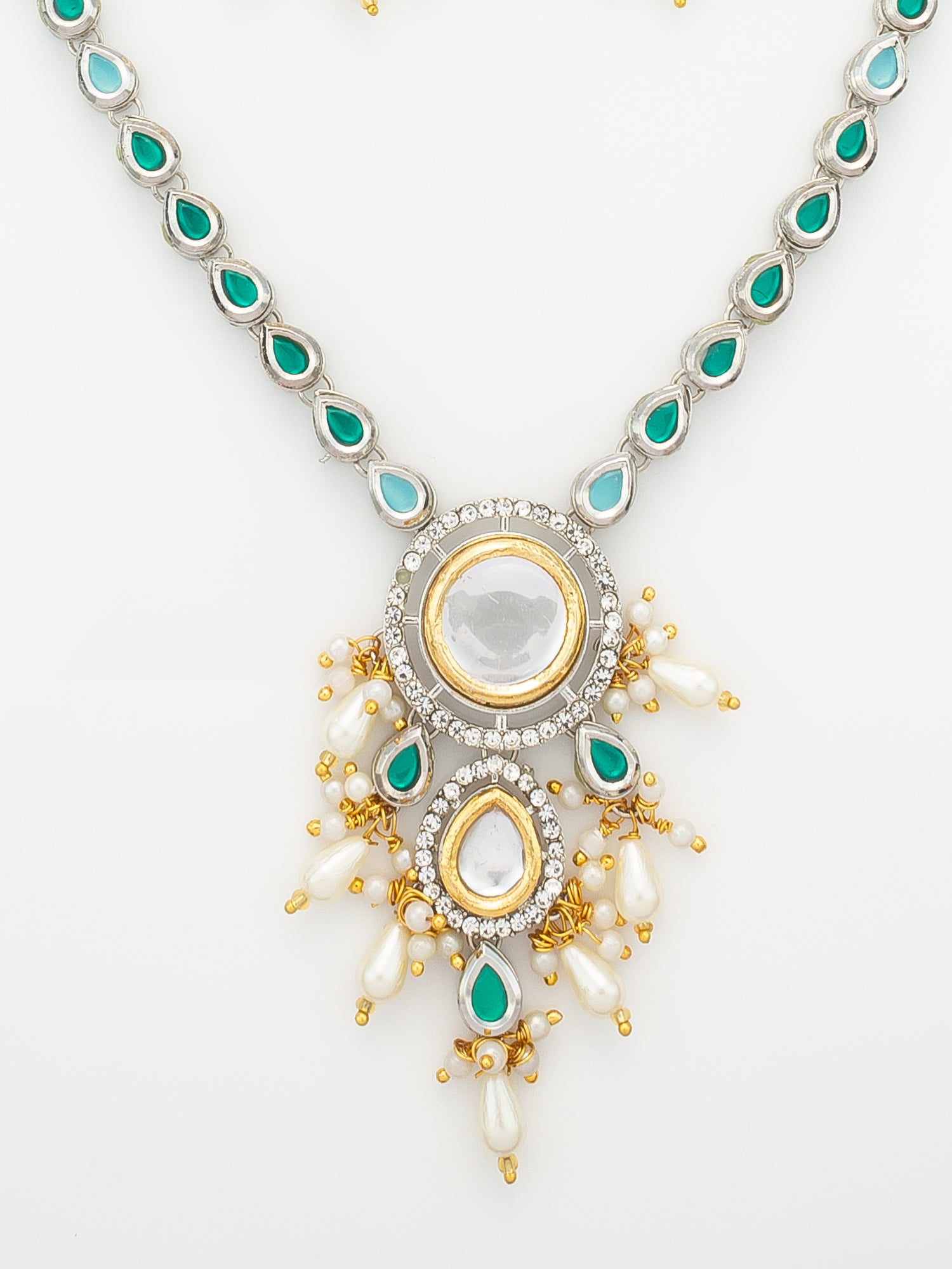 Aadita Silver-Plated Kundan Necklace Set with Green Stones and Pearl Drops
