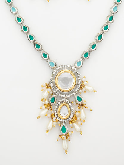 Aadita Silver-Plated Kundan Necklace Set with Green Stones and Pearl Drops