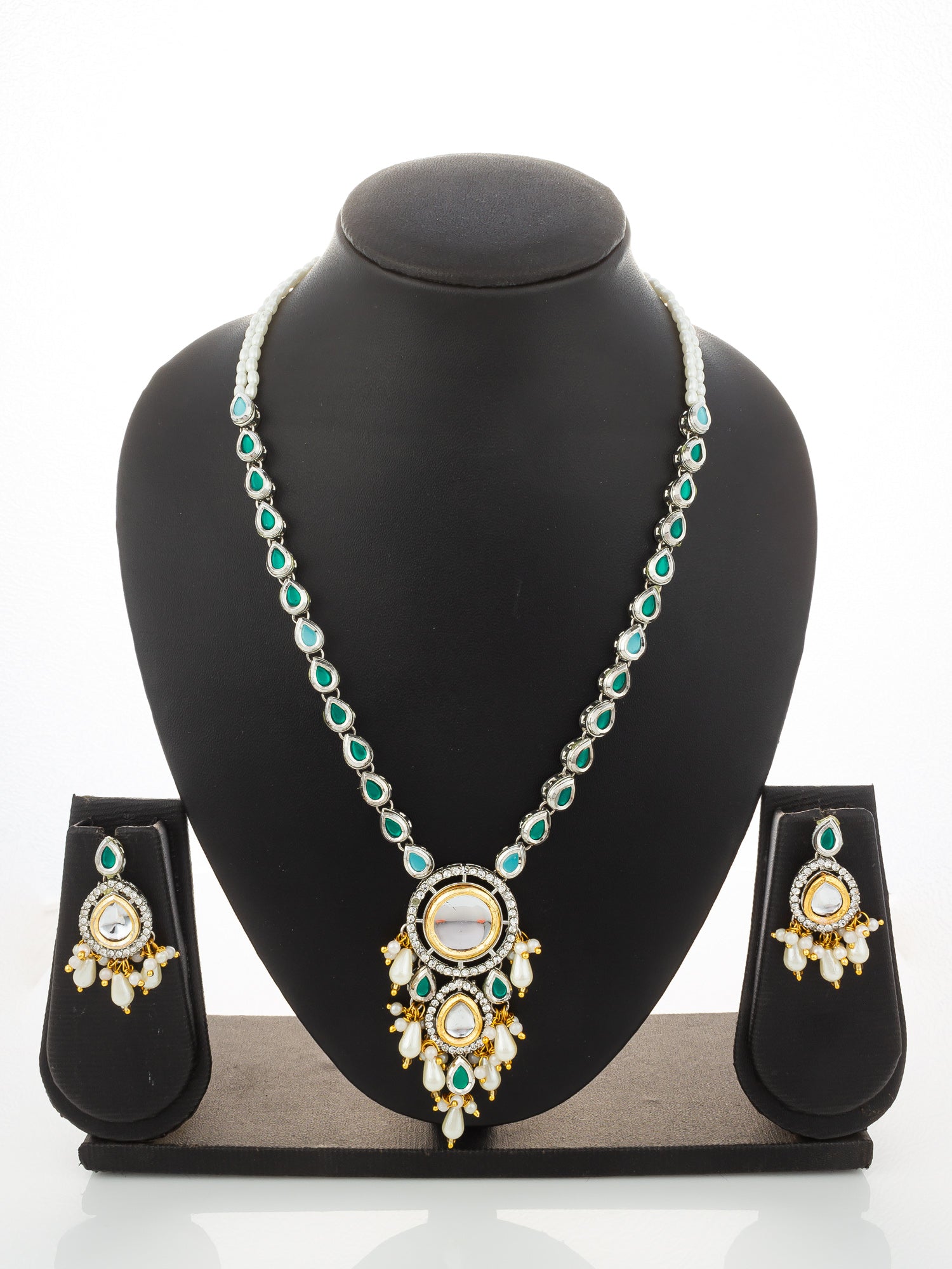 Aadita Silver-Plated Kundan Necklace Set with Green Stones and Pearl Drops
