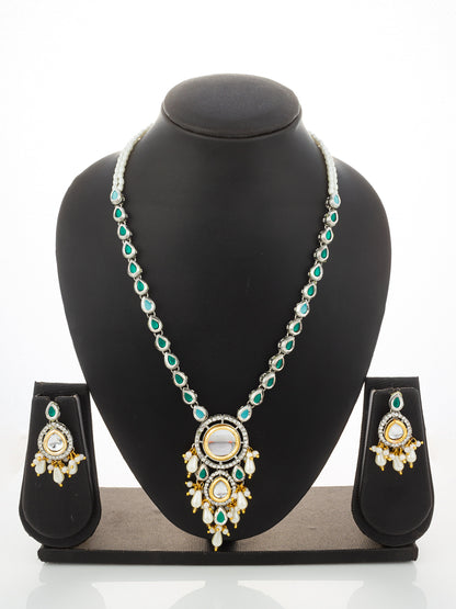 Aadita Silver-Plated Kundan Necklace Set with Green Stones and Pearl Drops