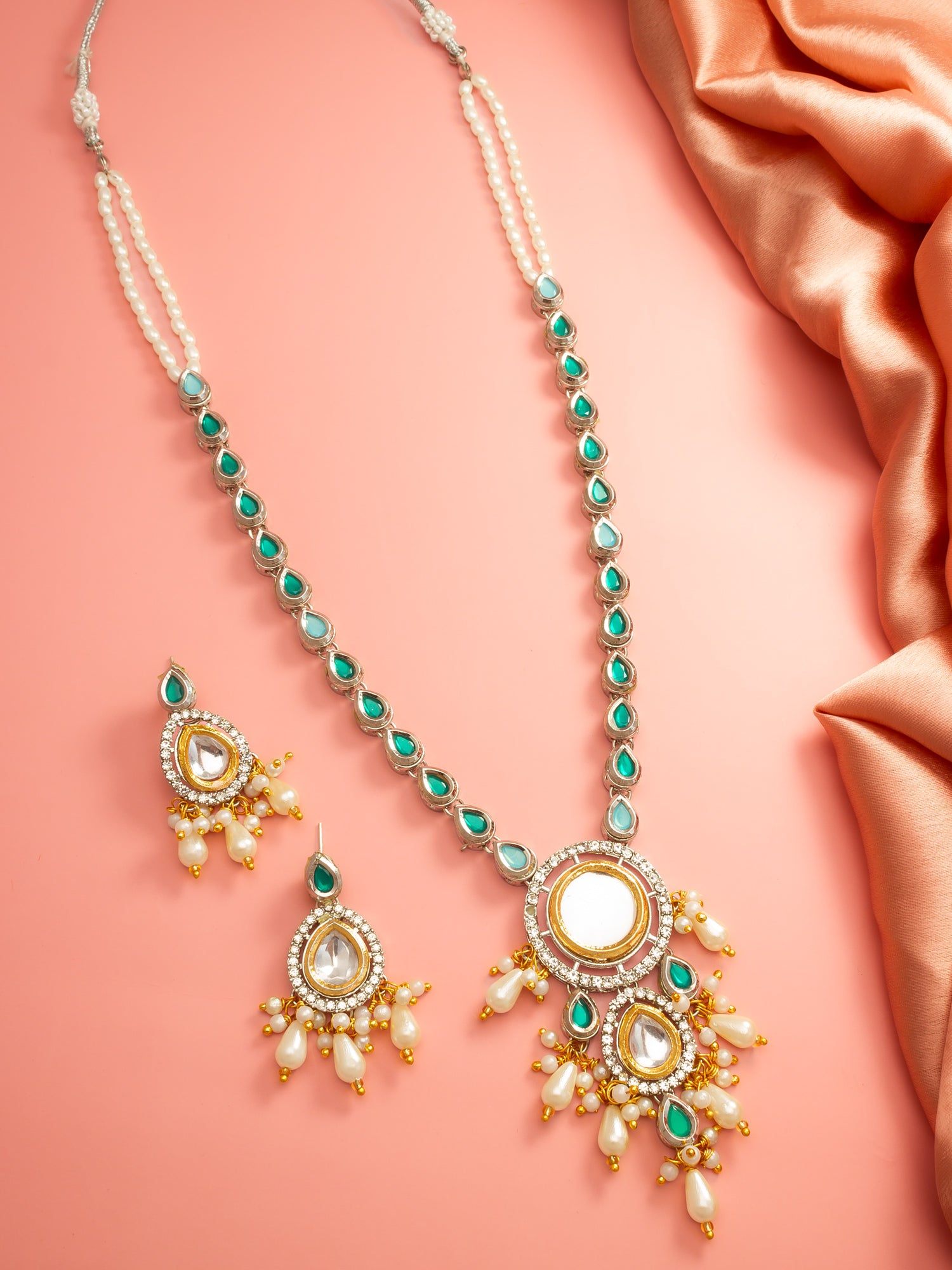 Aadita Silver-Plated Kundan Necklace Set with Green Stones and Pearl Drops
