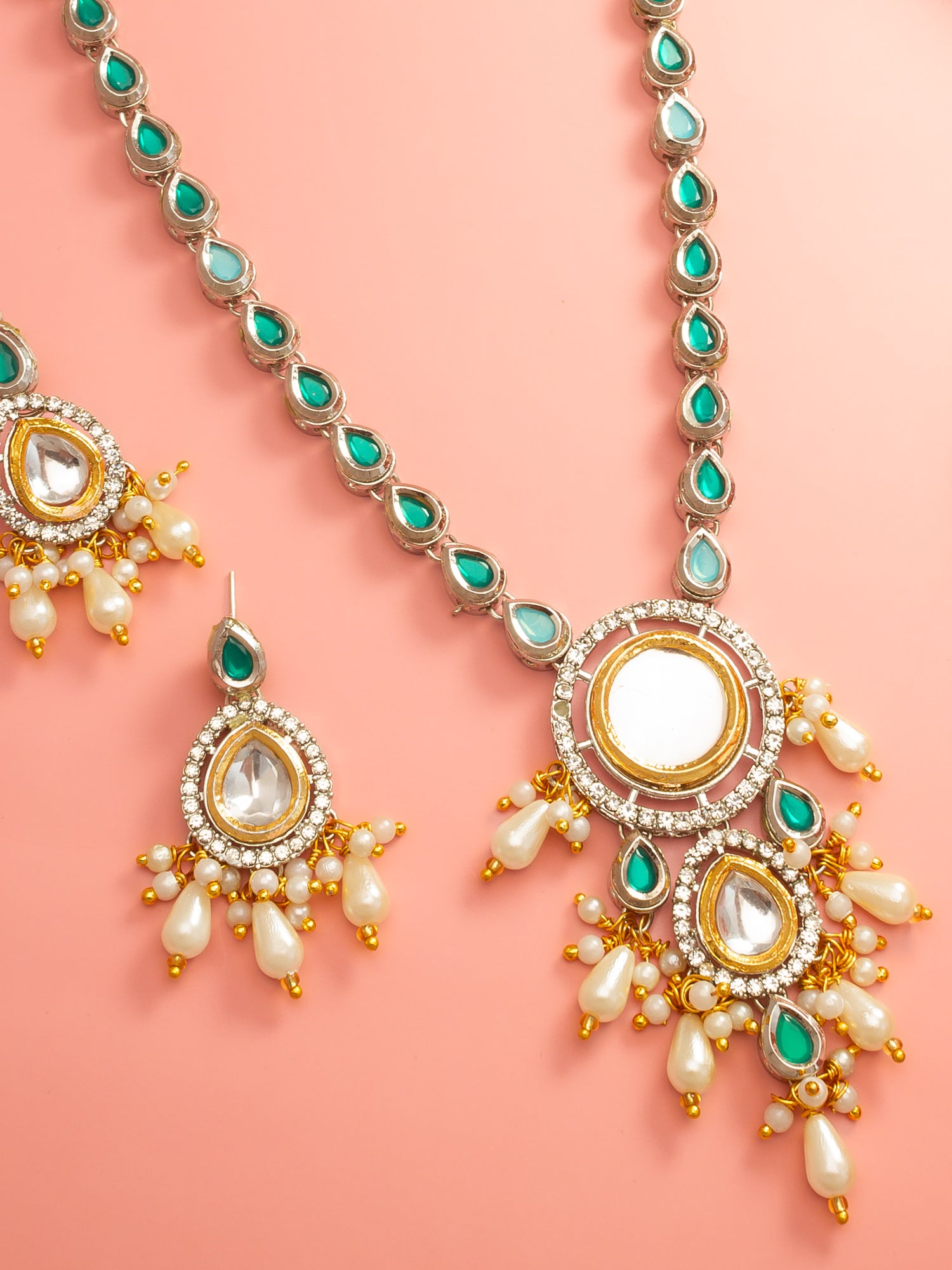 Aadita Silver-Plated Kundan Necklace Set with Green Stones and Pearl Drops