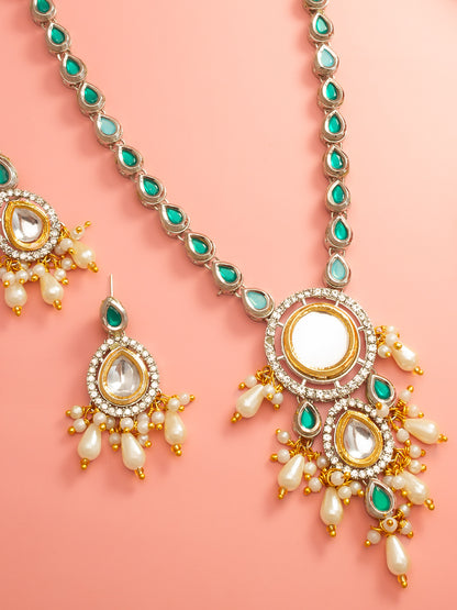 Aadita Silver-Plated Kundan Necklace Set with Green Stones and Pearl Drops