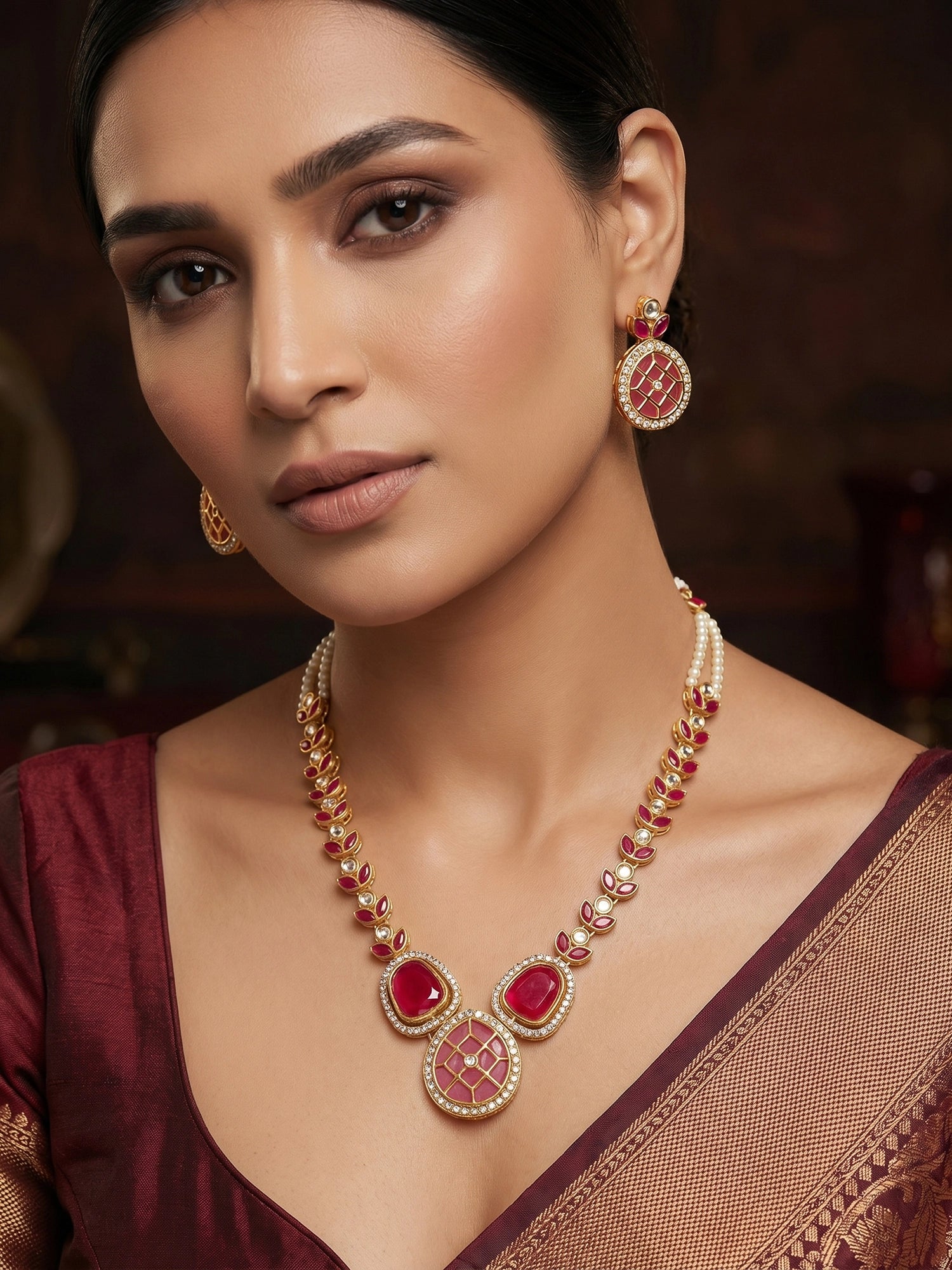 Aadita Gold-Plated Kundan Necklace Set with Ruby Red Stones and Pearl Strand
