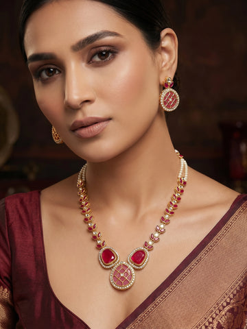 Aadita Gold-Plated Kundan Necklace Set with Ruby Red Stones and Pearl Strand