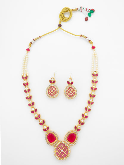 Aadita Gold-Plated Kundan Necklace Set with Ruby Red Stones and Pearl Strand