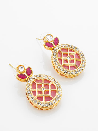 Aadita Gold-Plated Kundan Necklace Set with Ruby Red Stones and Pearl Strand
