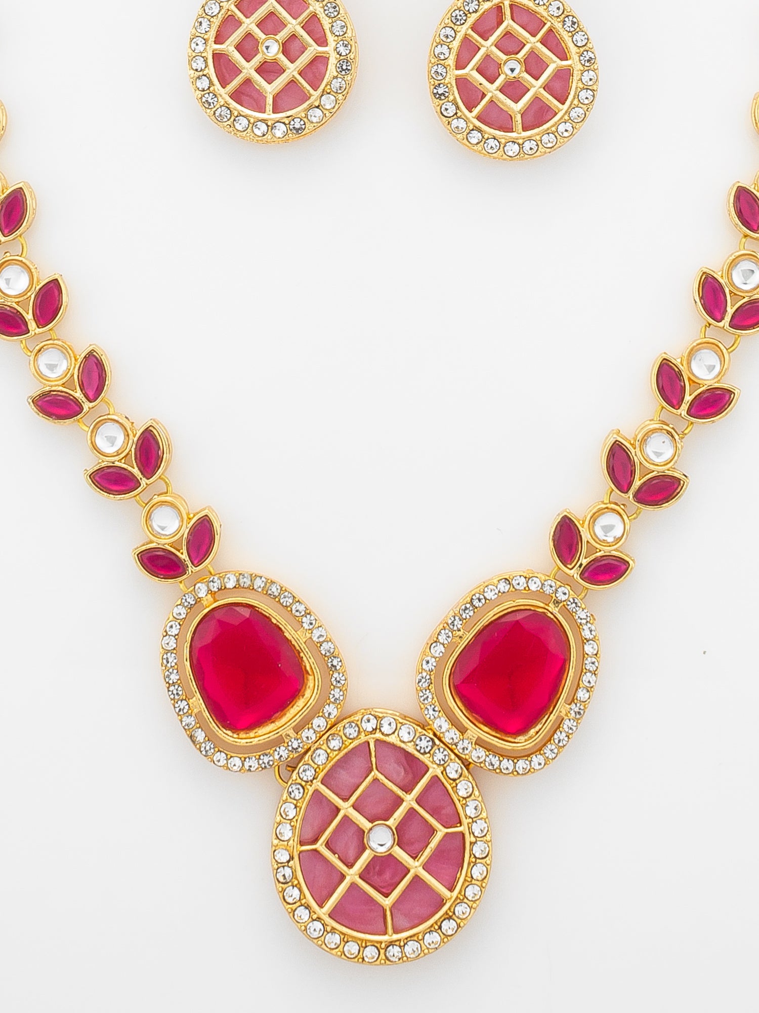 Aadita Gold-Plated Kundan Necklace Set with Ruby Red Stones and Pearl Strand