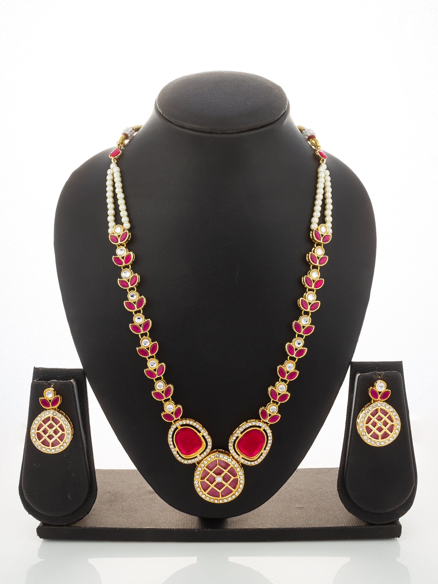 Aadita Gold-Plated Kundan Necklace Set with Ruby Red Stones and Pearl Strand