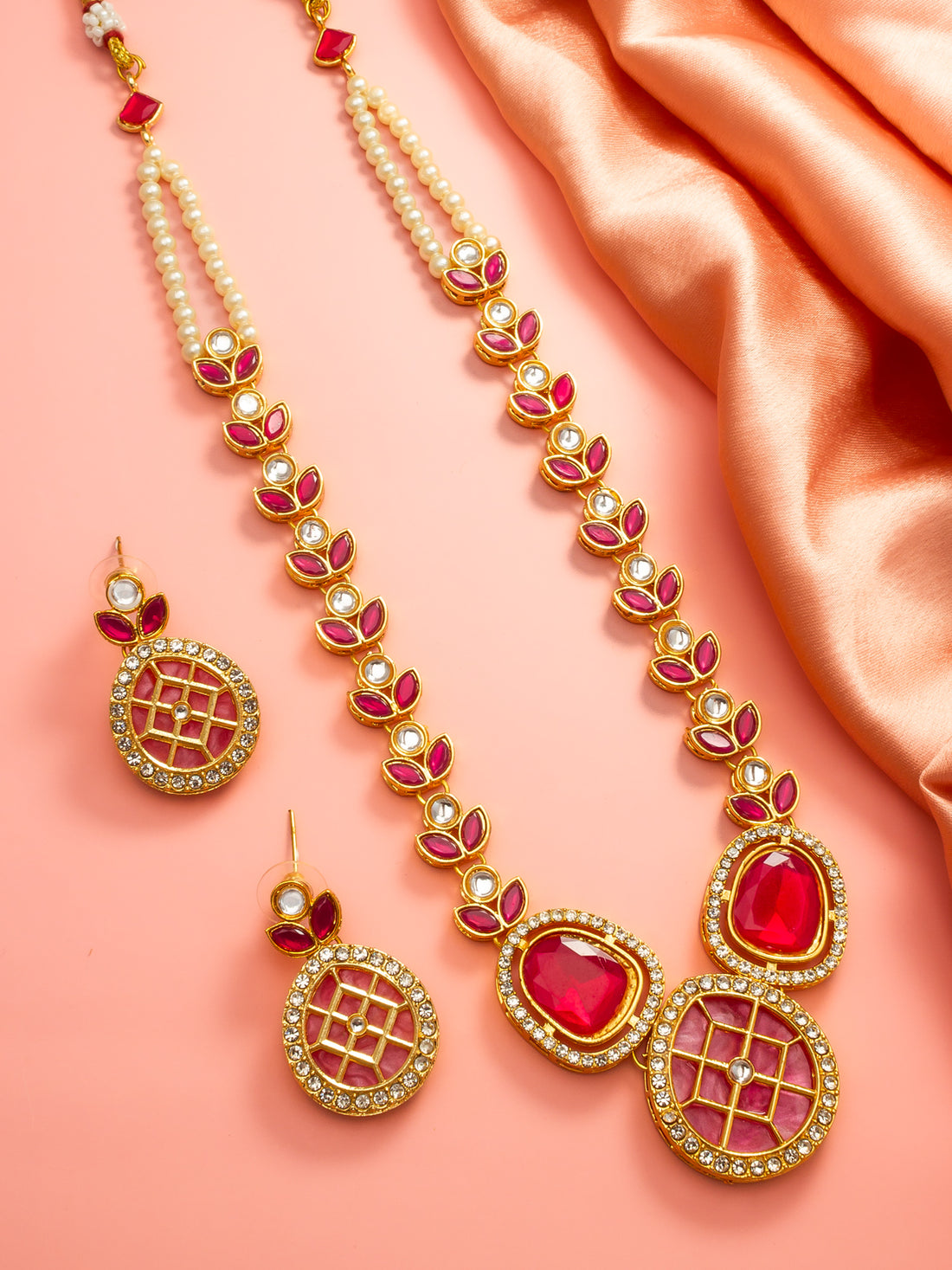 Gold-Plated Kundan Necklace Set with Ruby Red Stones and Pearl Strand