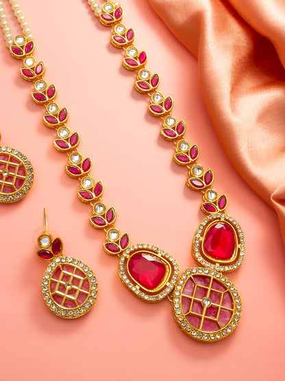Aadita Gold-Plated Kundan Necklace Set with Ruby Red Stones and Pearl Strand