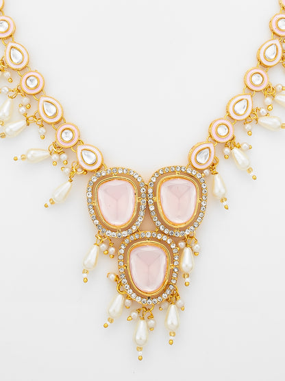 Aadita Gold-Plated Kundan Necklace Set with Stones and Pearl Drops