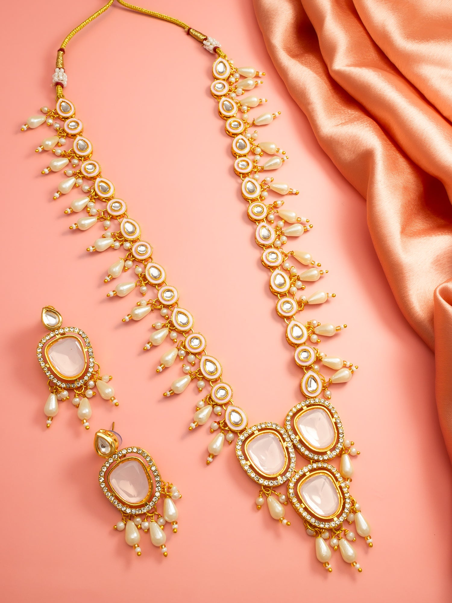 Aadita Gold-Plated Kundan Necklace Set with Stones and Pearl Drops