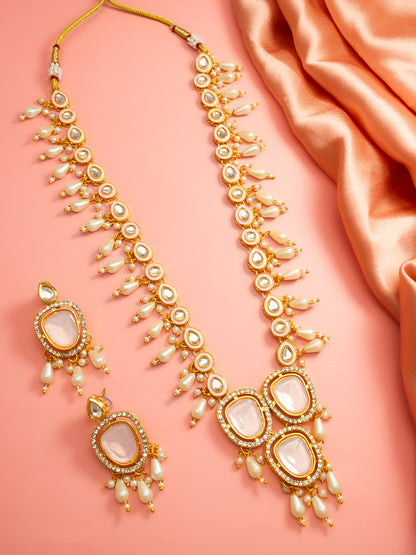 Aadita Gold-Plated Kundan Necklace Set with Stones and Pearl Drops