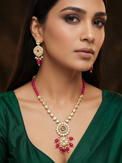 Aadita Gold-Plated Kundan Long Necklace Set with Beads and Floral Meenakari Pendant and Earrings