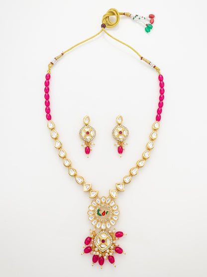 Aadita Gold-Plated Kundan Long Necklace Set with Beads and Floral Meenakari Pendant and Earrings