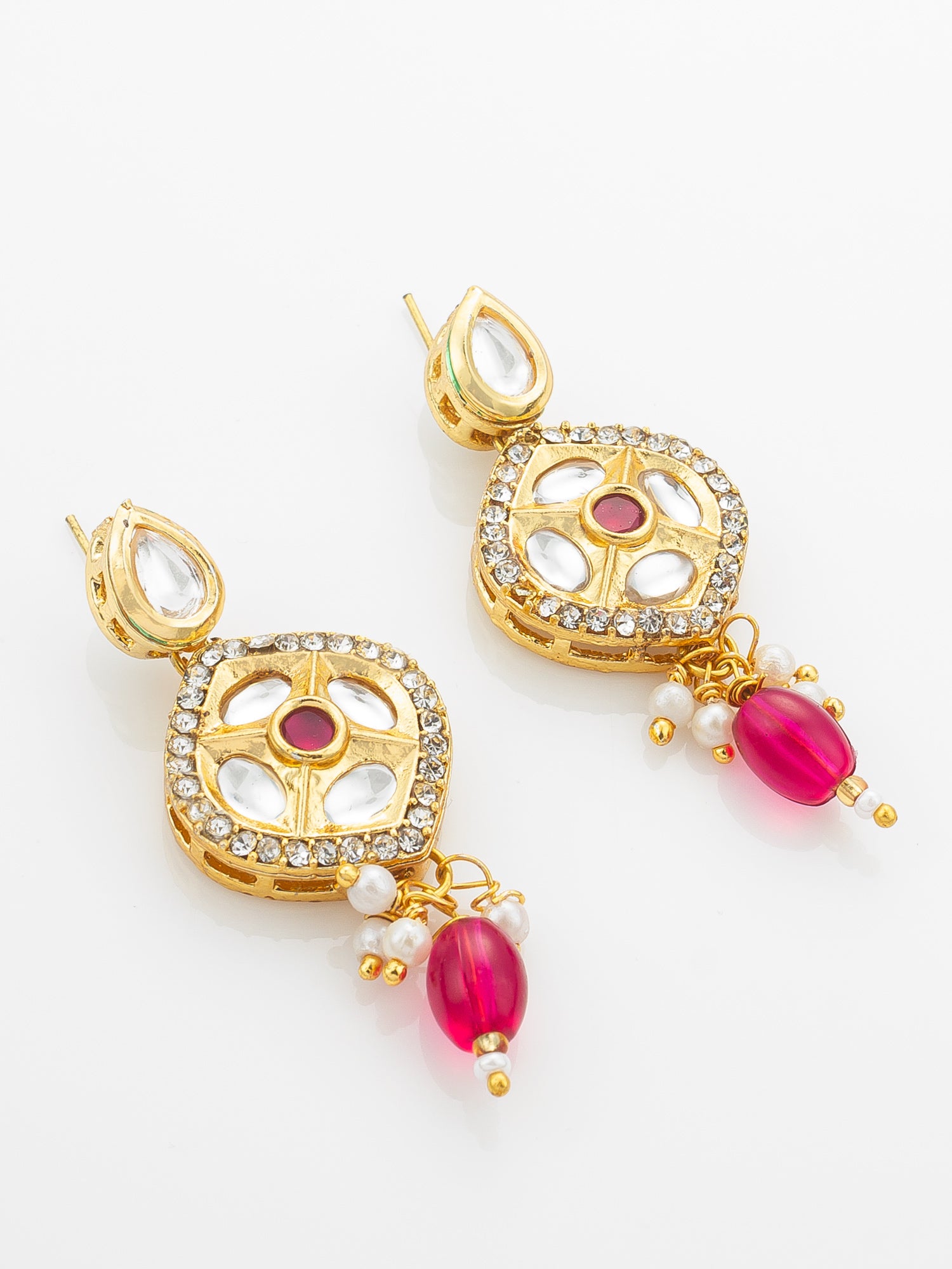 Aadita Gold-Plated Kundan Long Necklace Set with Beads and Floral Meenakari Pendant and Earrings