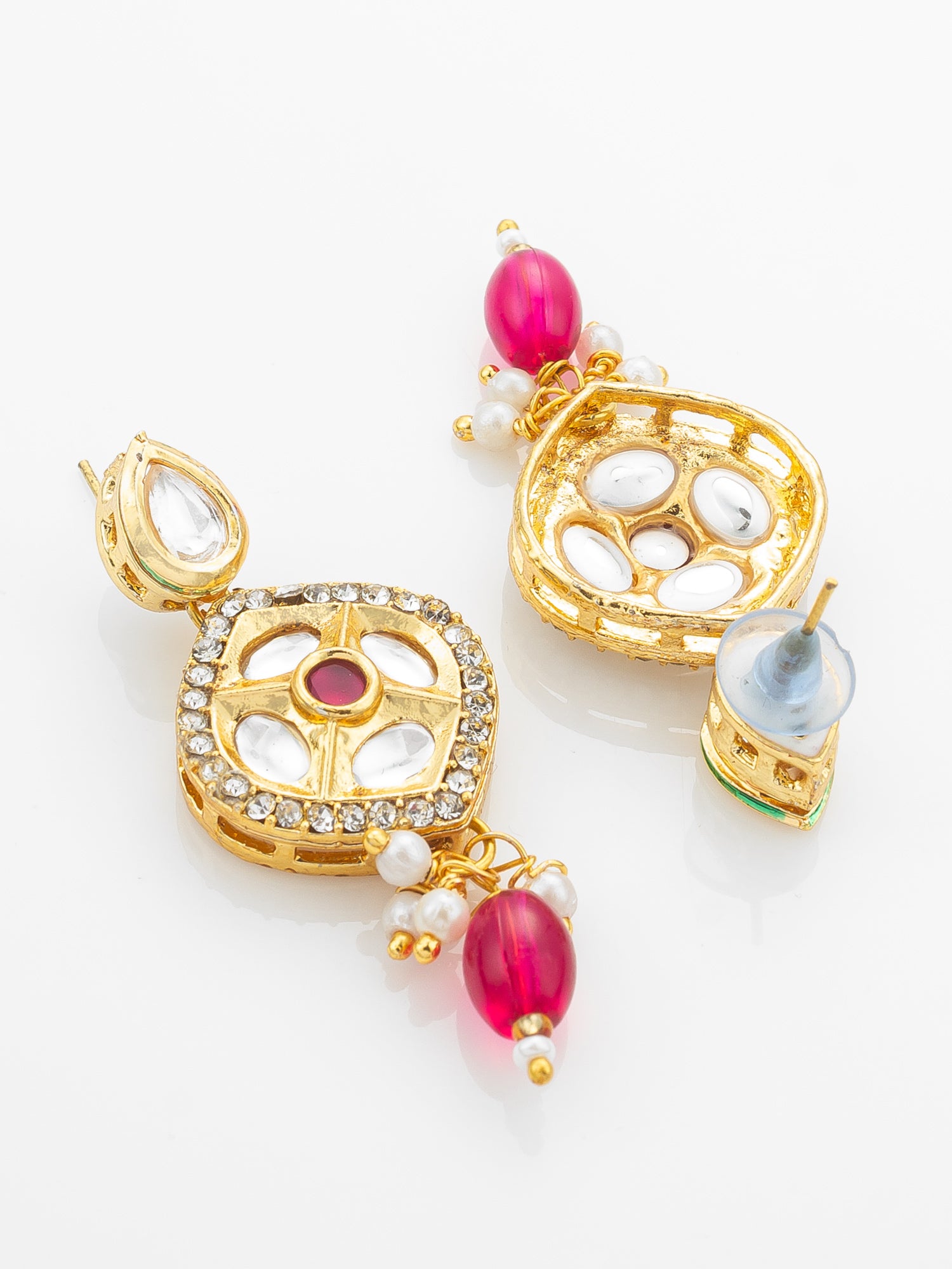 Aadita Gold-Plated Kundan Long Necklace Set with Beads and Floral Meenakari Pendant and Earrings