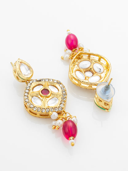 Aadita Gold-Plated Kundan Long Necklace Set with Beads and Floral Meenakari Pendant and Earrings