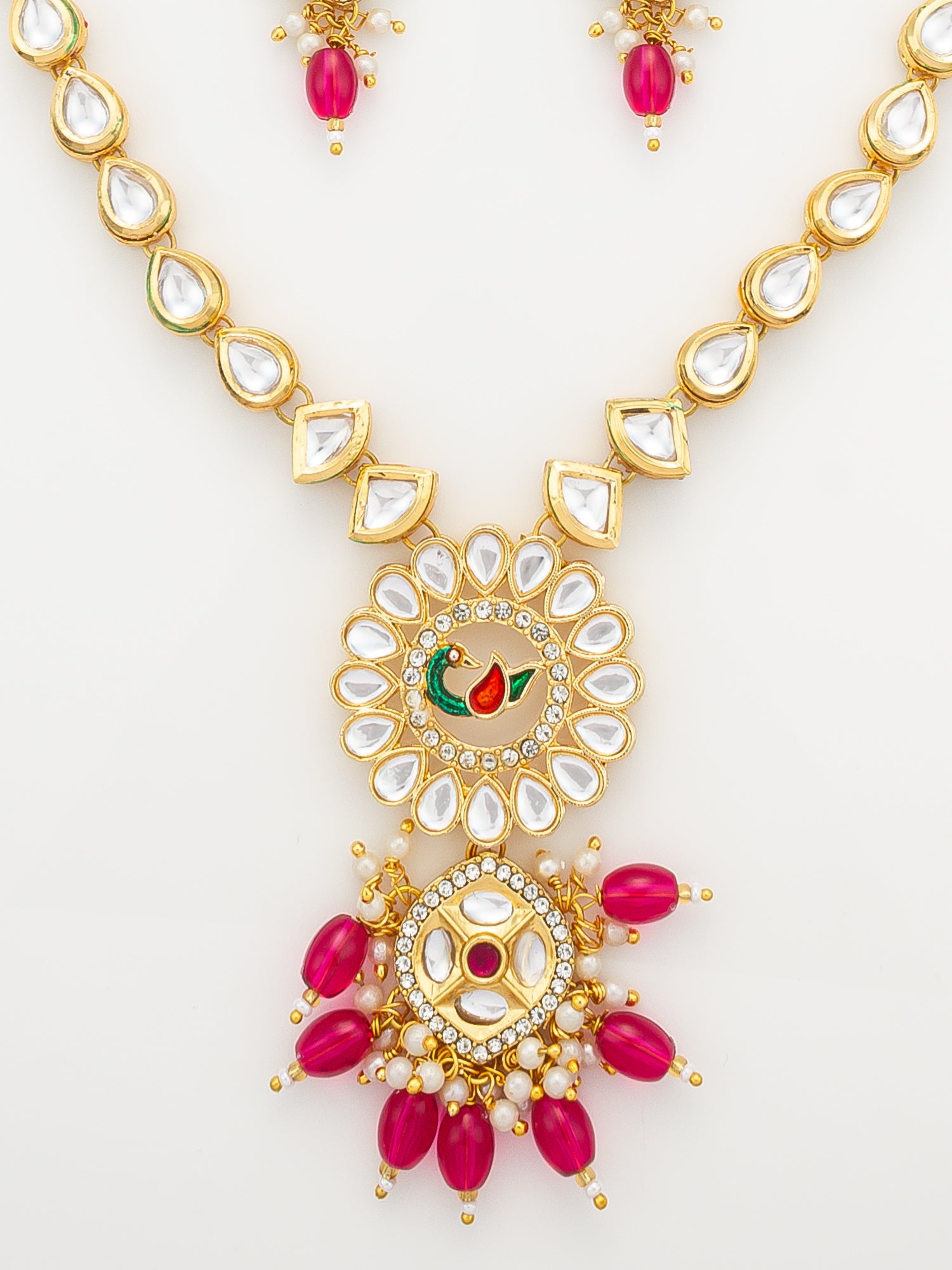 Aadita Gold-Plated Kundan Long Necklace Set with Beads and Floral Meenakari Pendant and Earrings