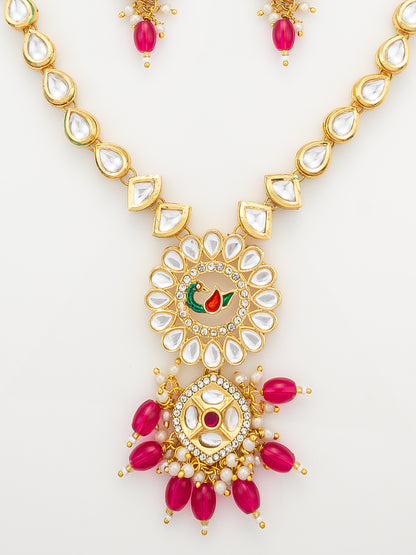 Aadita Gold-Plated Kundan Long Necklace Set with Beads and Floral Meenakari Pendant and Earrings