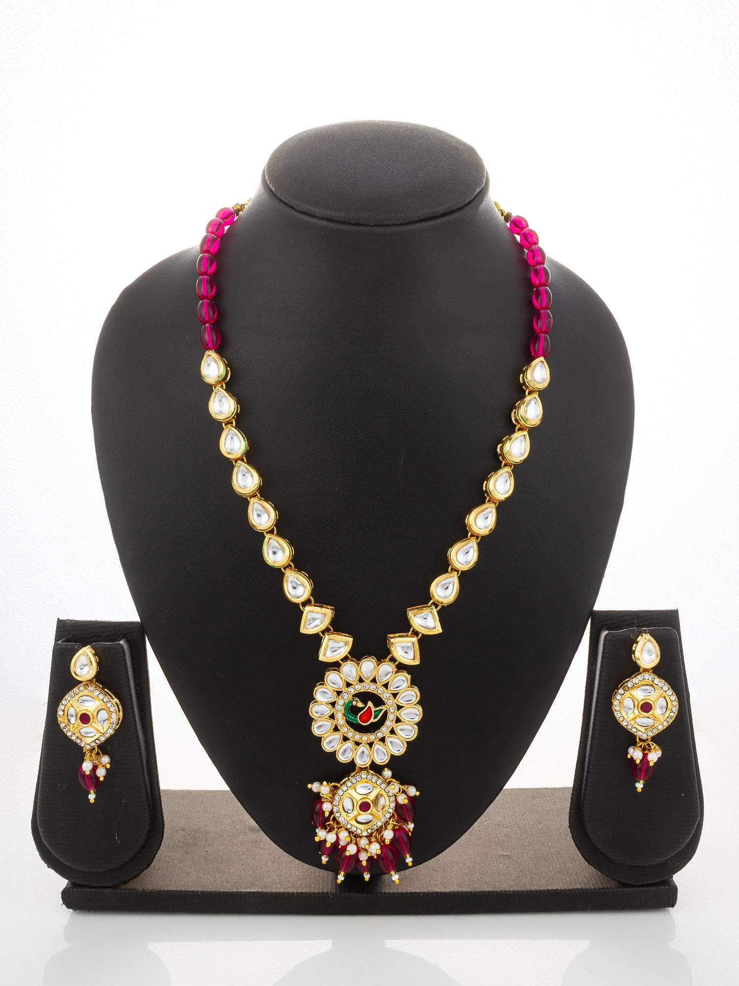 Aadita Gold-Plated Kundan Long Necklace Set with Beads and Floral Meenakari Pendant and Earrings