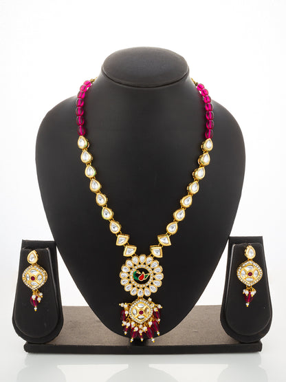 Aadita Gold-Plated Kundan Long Necklace Set with Beads and Floral Meenakari Pendant and Earrings