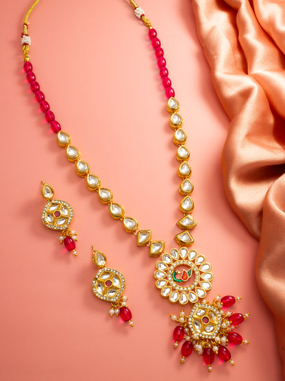 Aadita Gold-Plated Kundan Long Necklace Set with Beads and Floral Meenakari Pendant and Earrings