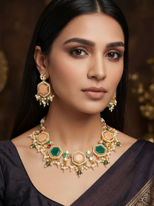 Aadita Gold-Plated Necklace Set with Peach and Green Stones