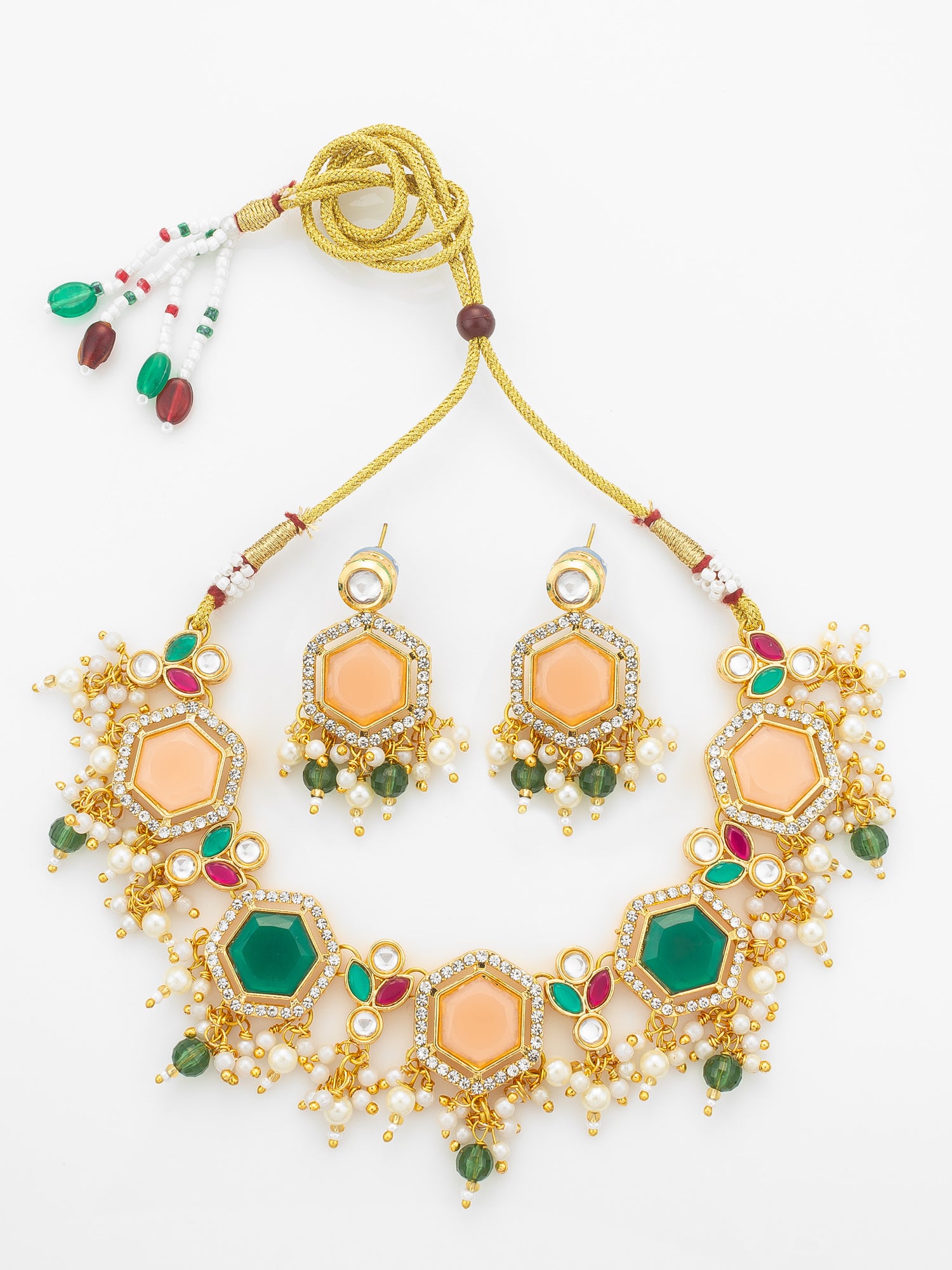 Aadita Gold-Plated Necklace Set with Peach and Green Stones