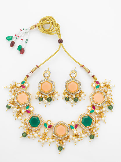 Aadita Gold-Plated Necklace Set with Peach and Green Stones
