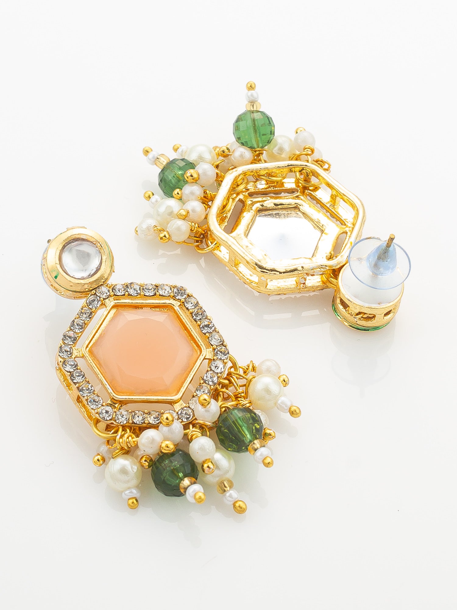Aadita Gold-Plated Necklace Set with Peach and Green Stones
