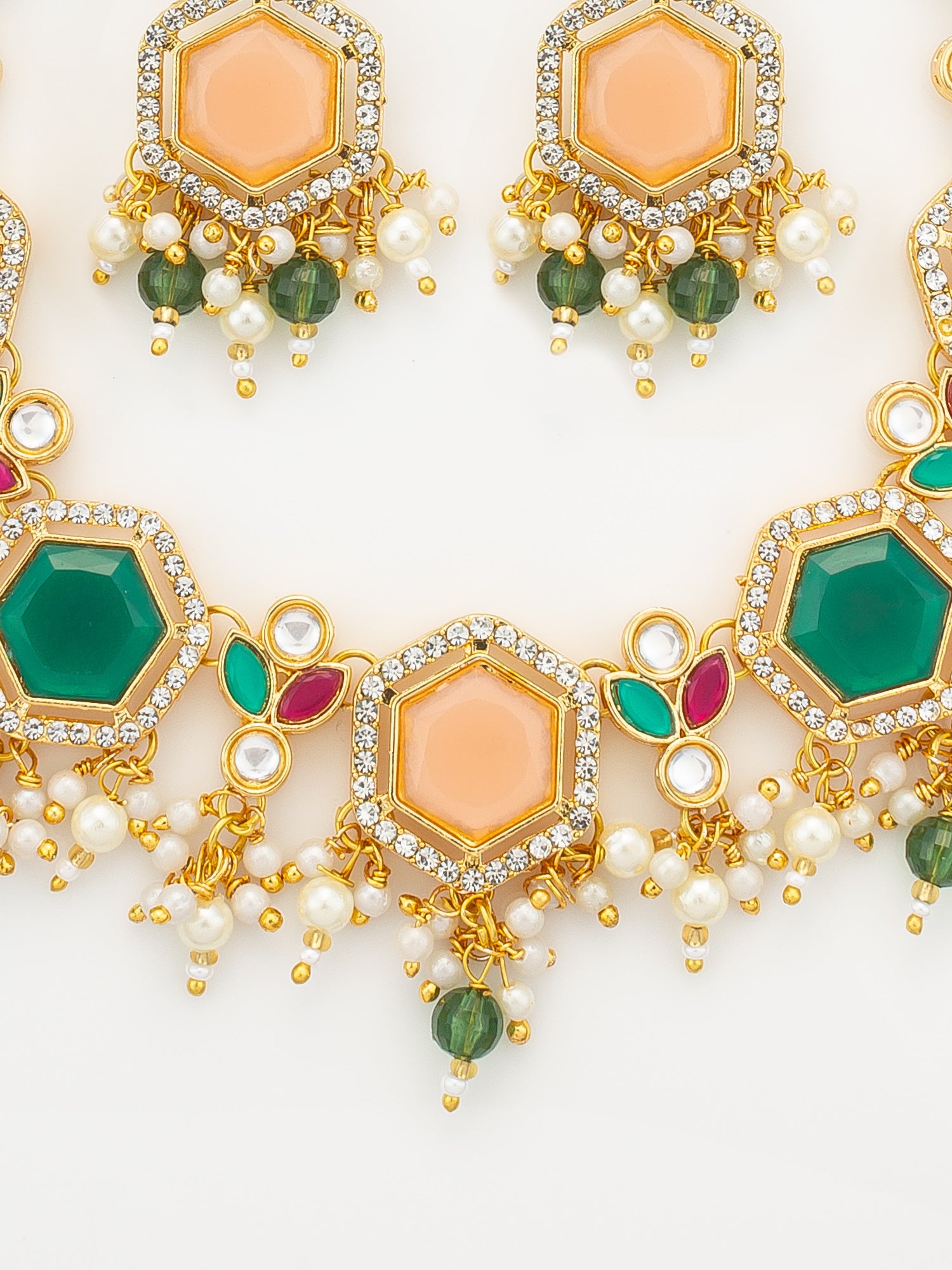 Aadita Gold-Plated Necklace Set with Peach and Green Stones