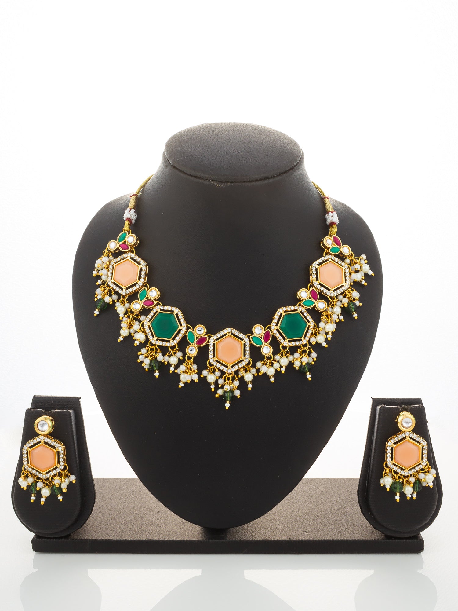 Aadita Gold-Plated Necklace Set with Peach and Green Stones