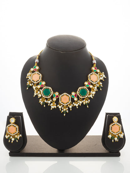 Aadita Gold-Plated Necklace Set with Peach and Green Stones