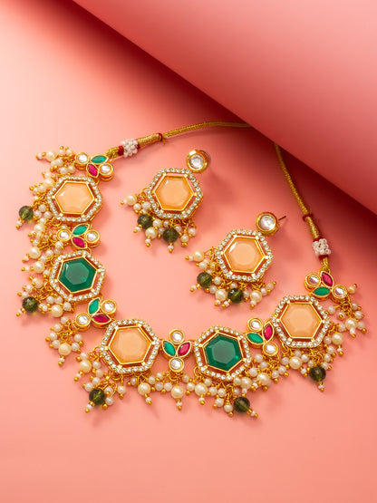 Aadita Gold-Plated Necklace Set with Peach and Green Stones