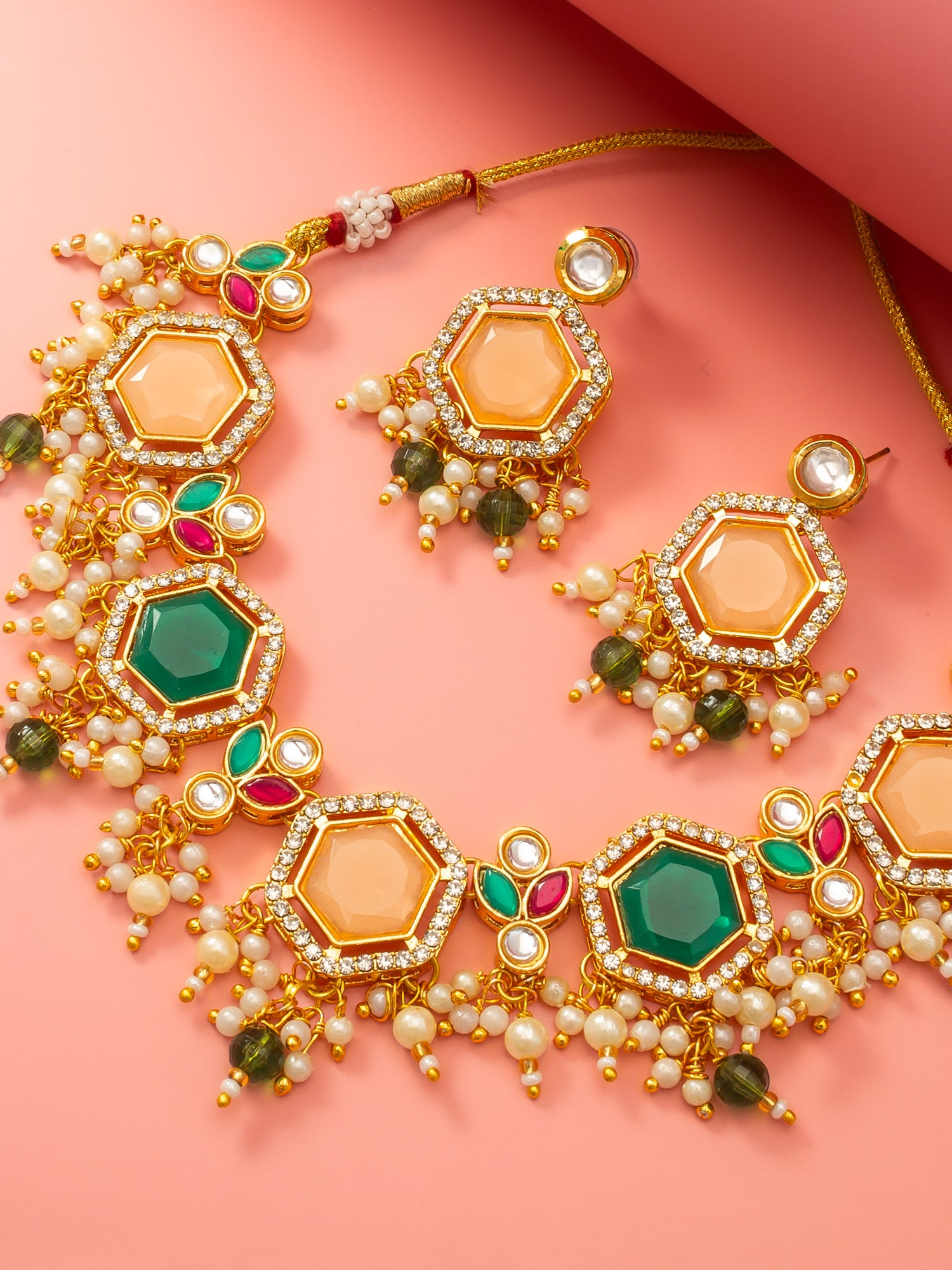 Aadita Gold-Plated Necklace Set with Peach and Green Stones