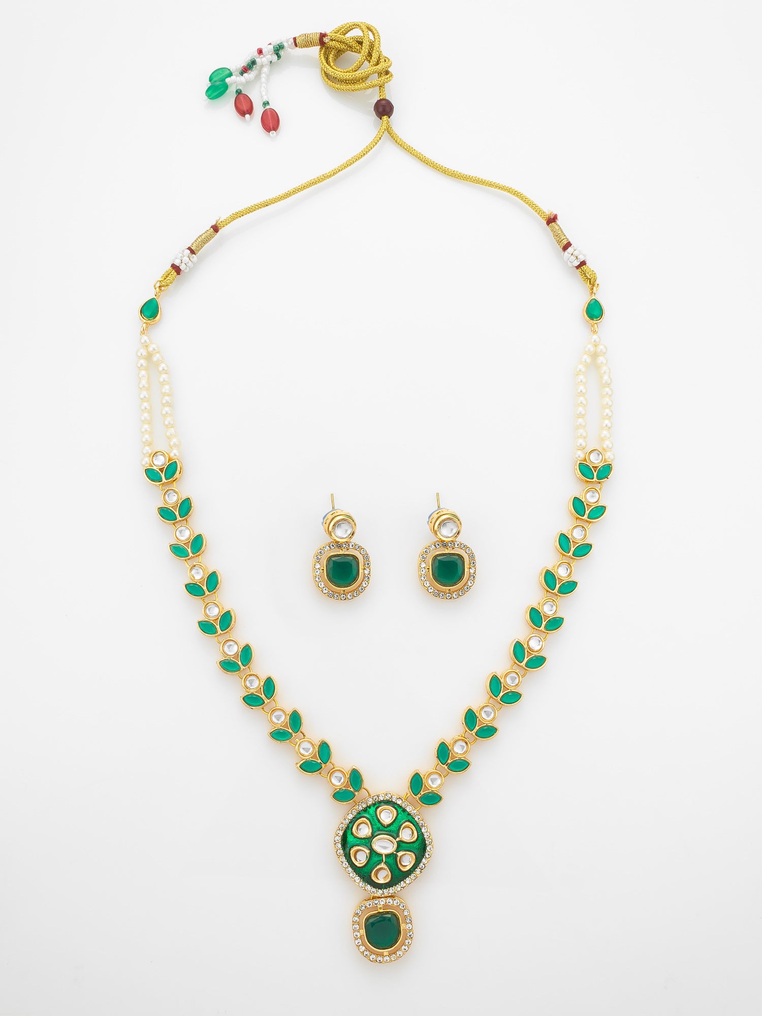 Aadita Gold-Plated Kundan Necklace Set with Green Meenakari Pendant and Pearl Chain and Earrings