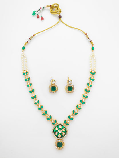 Aadita Gold-Plated Kundan Necklace Set with Green Meenakari Pendant and Pearl Chain and Earrings