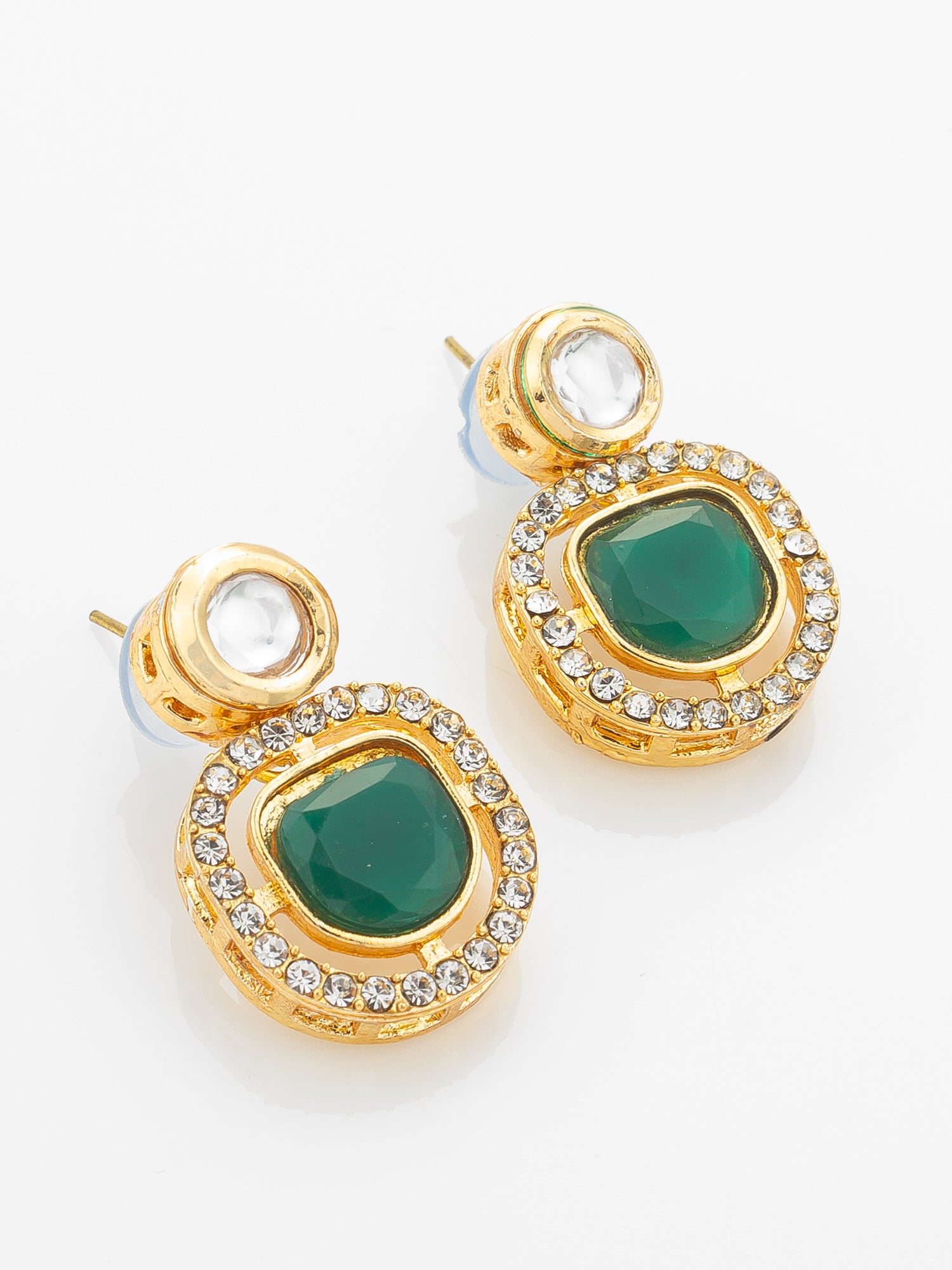 Aadita Gold-Plated Kundan Necklace Set with Green Meenakari Pendant and Pearl Chain and Earrings