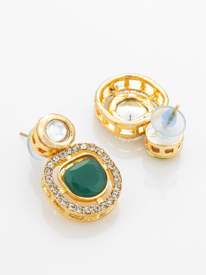 Aadita Gold-Plated Kundan Necklace Set with Green Meenakari Pendant and Pearl Chain and Earrings
