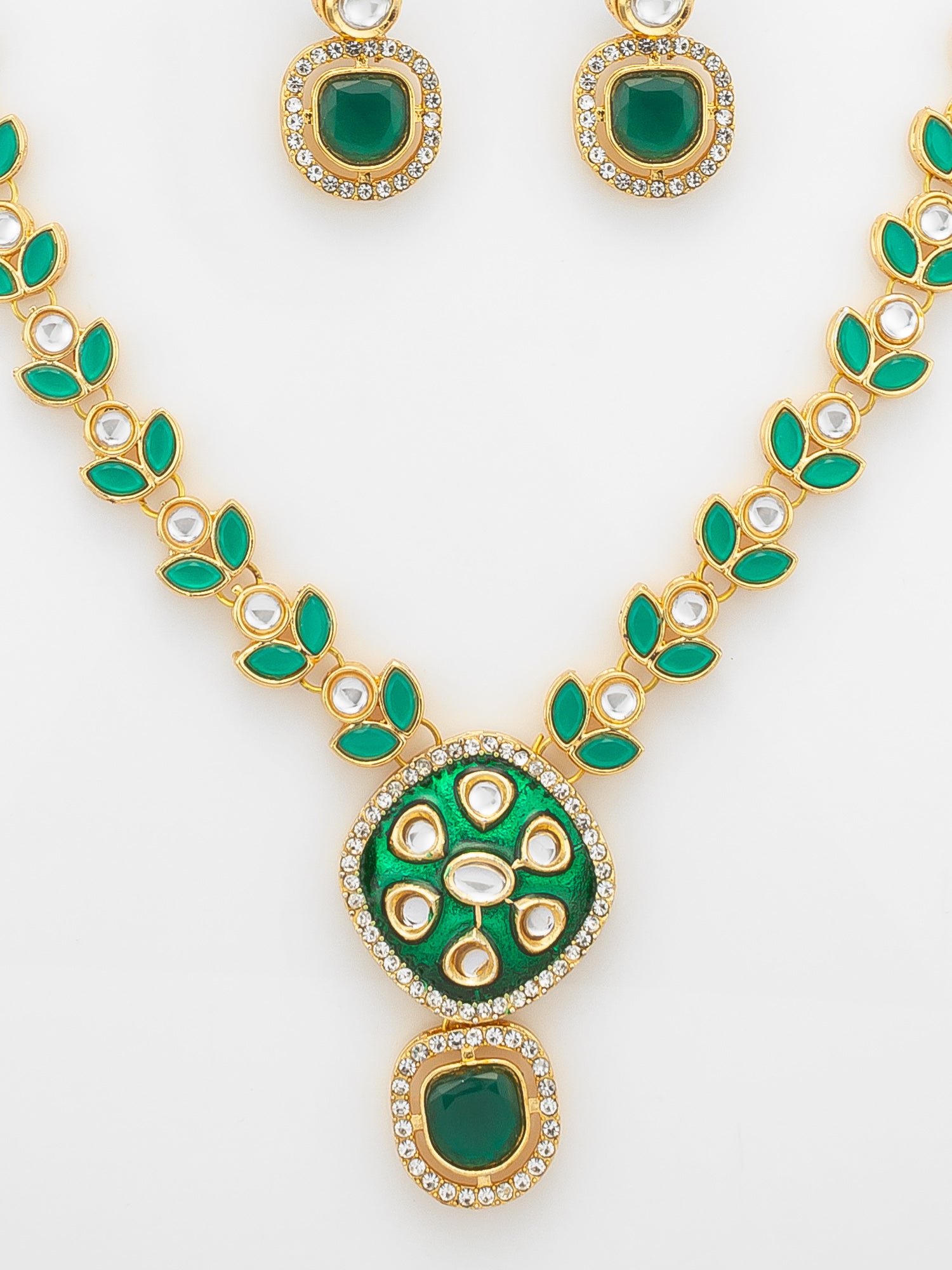 Aadita Gold-Plated Kundan Necklace Set with Green Meenakari Pendant and Pearl Chain and Earrings