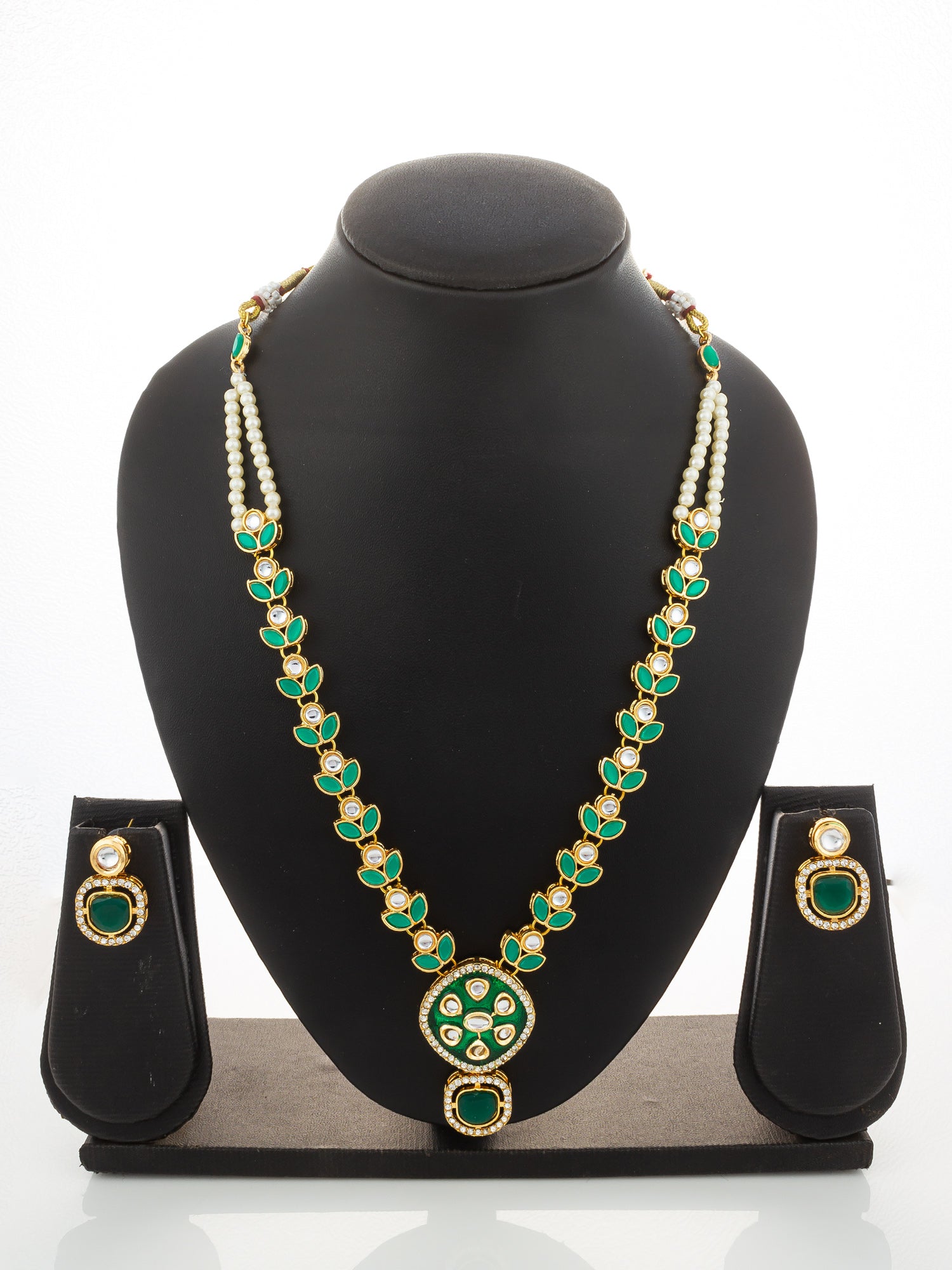 Aadita Gold-Plated Kundan Necklace Set with Green Meenakari Pendant and Pearl Chain and Earrings