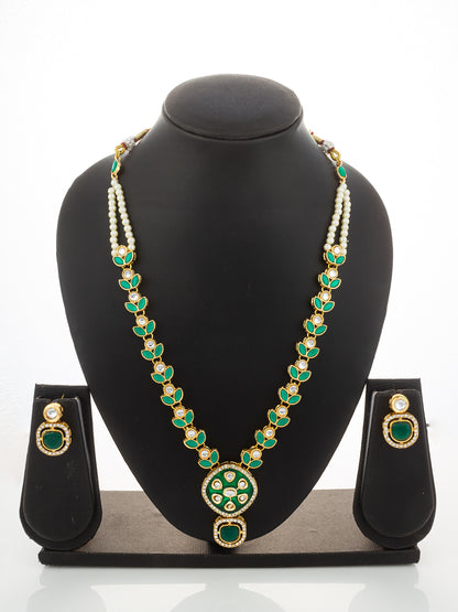 Aadita Gold-Plated Kundan Necklace Set with Green Meenakari Pendant and Pearl Chain and Earrings