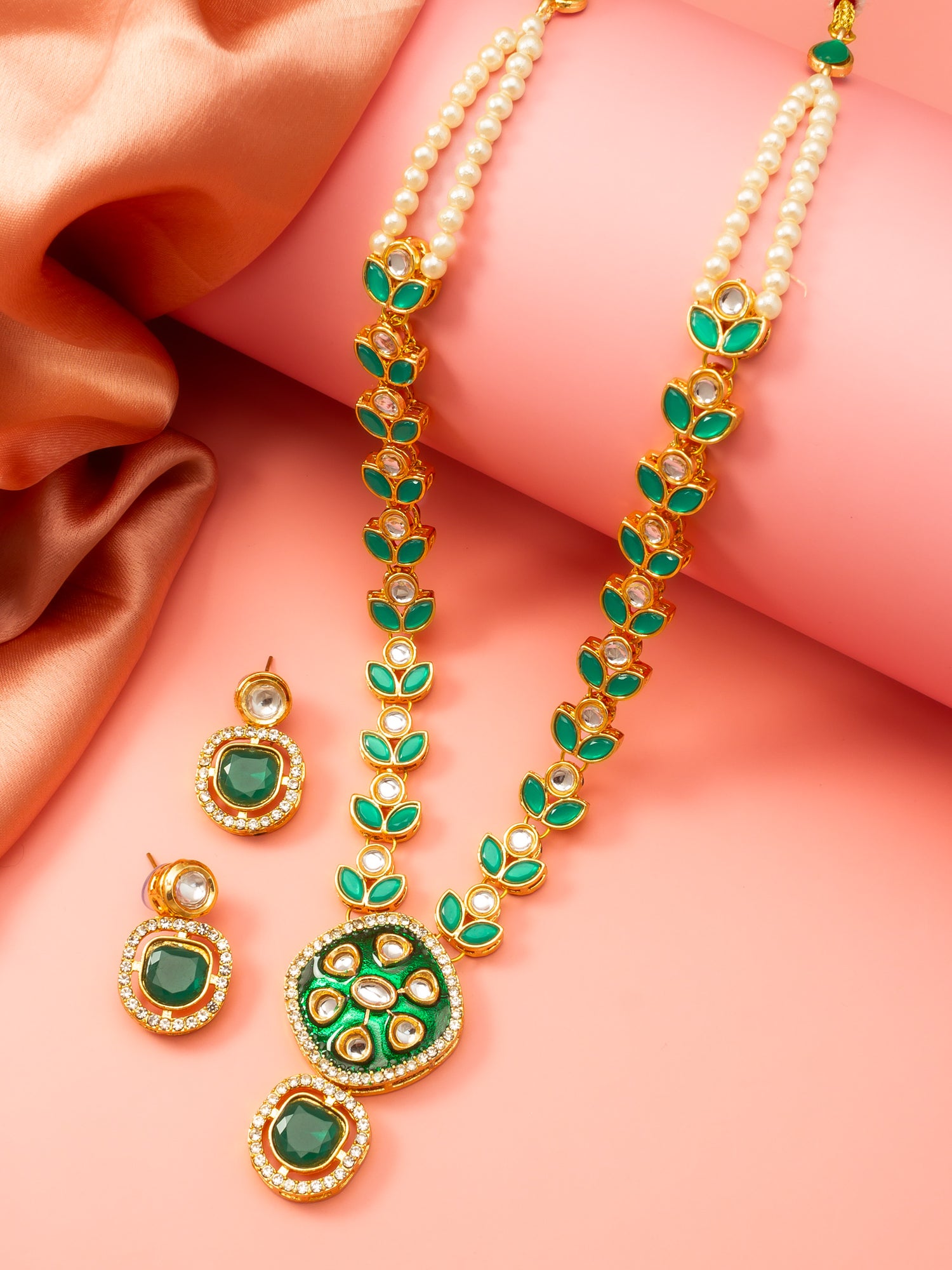 Aadita Gold-Plated Kundan Necklace Set with Green Meenakari Pendant and Pearl Chain and Earrings