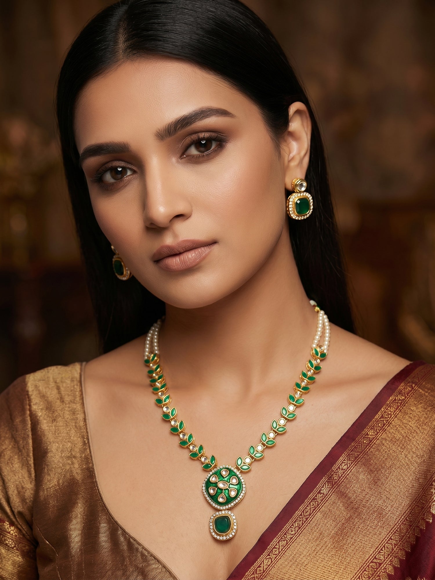 Aadita Gold-Plated Kundan Necklace Set with Green Meenakari Pendant and Pearl Chain and Earrings