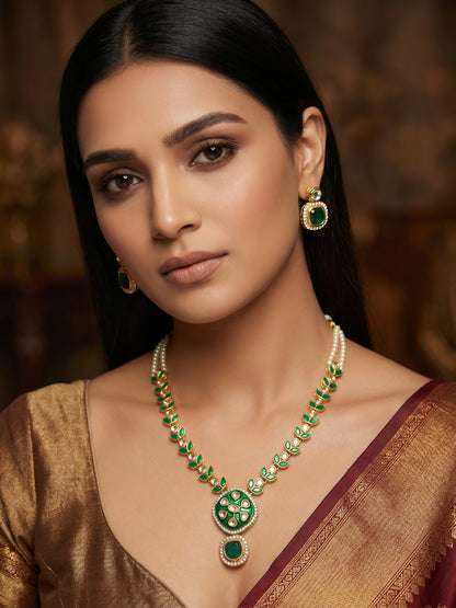 Aadita Gold-Plated Kundan Necklace Set with Green Meenakari Pendant and Pearl Chain and Earrings