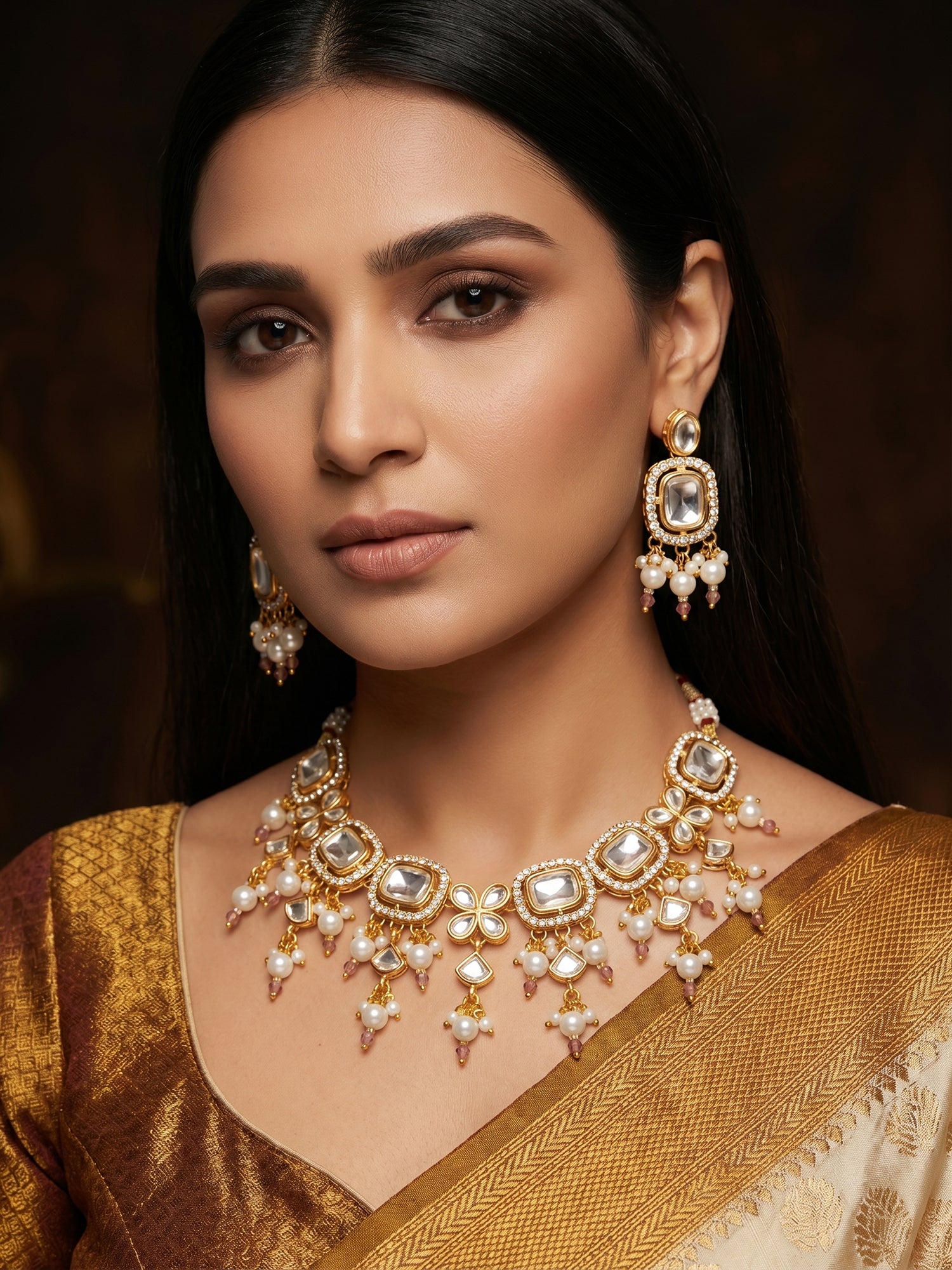 Aadita Gold-Plated Kundan Choker Necklace Set with Crystal Stones and Pearl Drops and Earrings