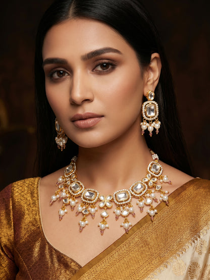 Aadita Gold-Plated Kundan Choker Necklace Set with Crystal Stones and Pearl Drops and Earrings