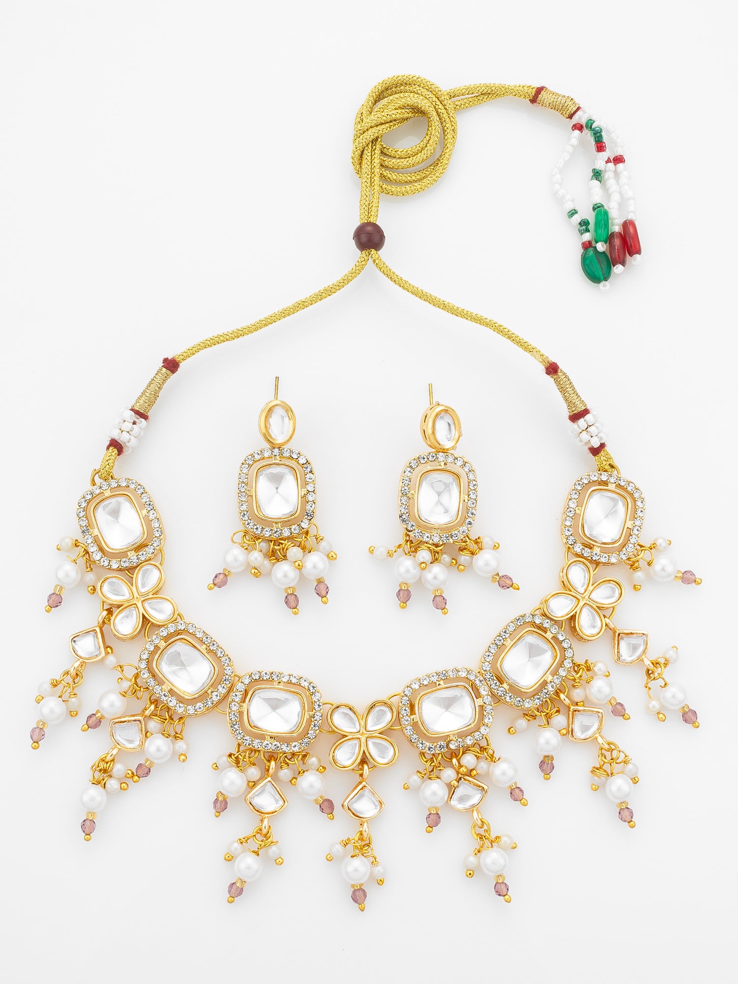 Aadita Gold-Plated Kundan Choker Necklace Set with Crystal Stones and Pearl Drops and Earrings